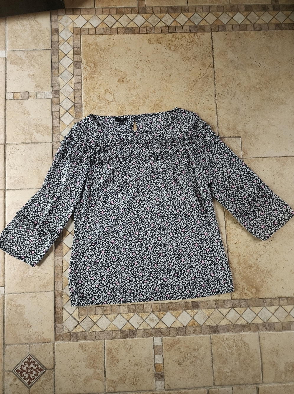 Talbots Black Floral Blouse with Pink & White Print